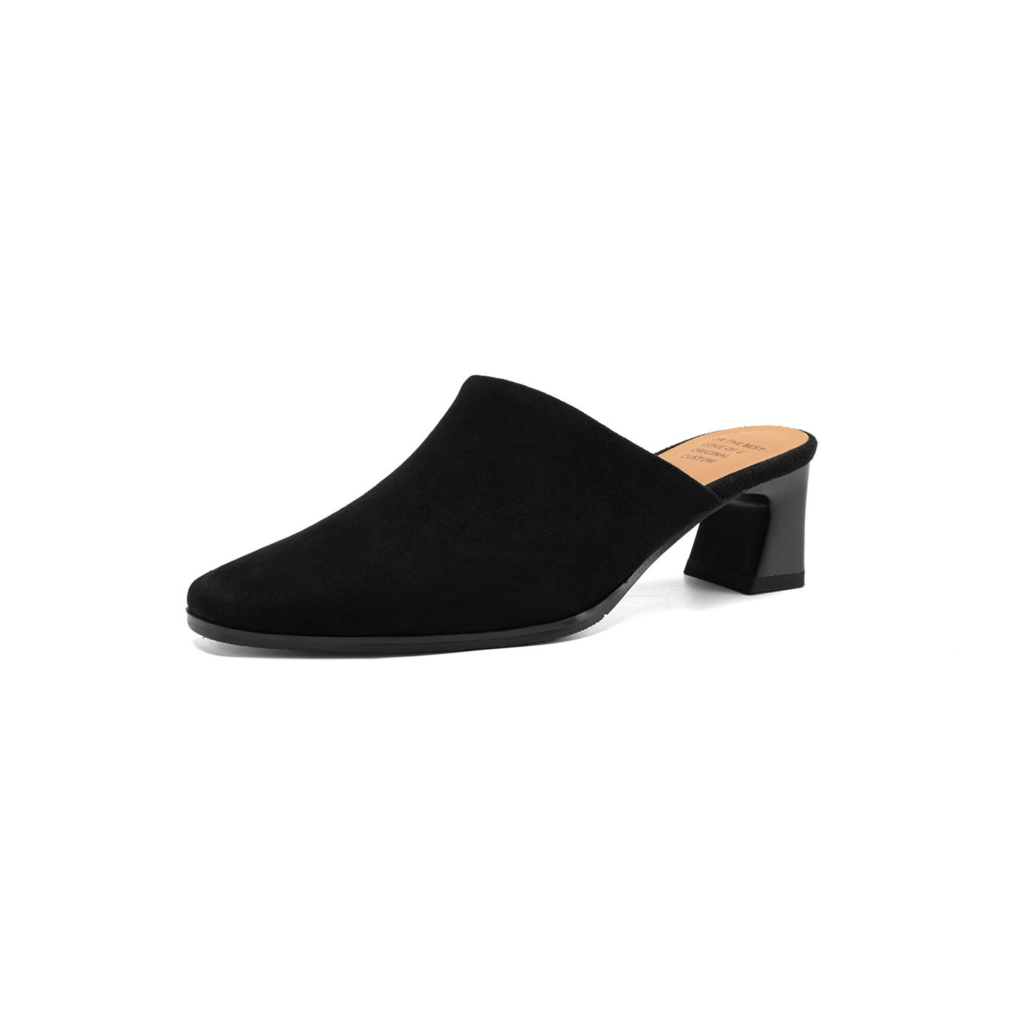 Sandal cao gót nữ mũi vuông da lộn, gót 7 cm, kiểu dáng nửa kéo — đen