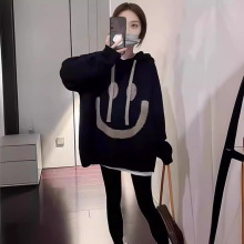 连帽黑杏撞色针织衫女秋冬季宽松2024新款秋冬慵懒风小众小众毛衣