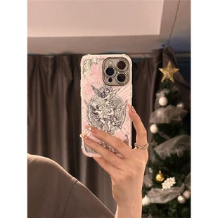 Чехол для телефона (Apple iPhone) ретро «Купидон», перьевой эффект, блёстки для камеры, универсальный