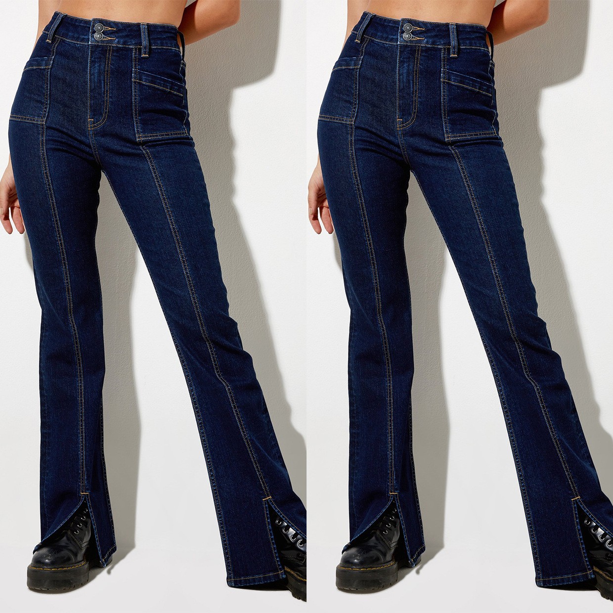 dark blue washed flared slit jeans  NSCXY121667