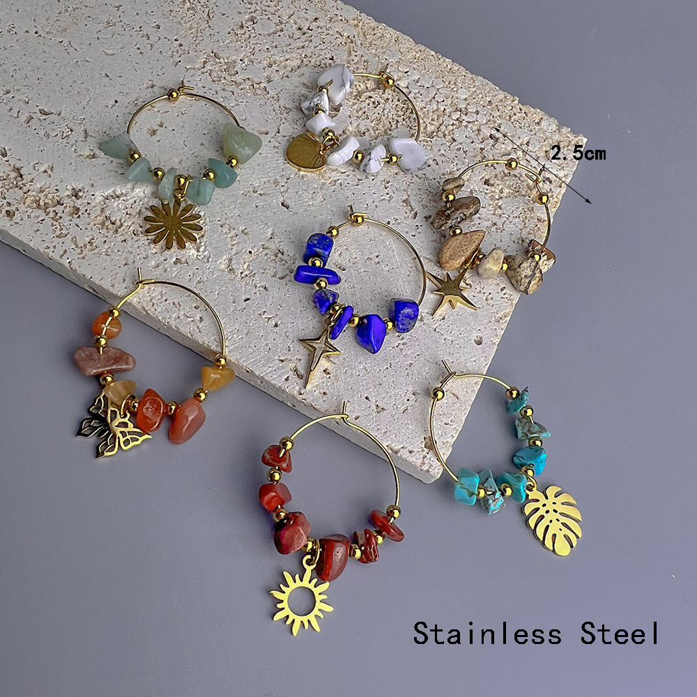 10g Weight Earrings Classification 1 Pair Bohemian Leaf Sun Butterfly Stainless Steel Gravel Earrings