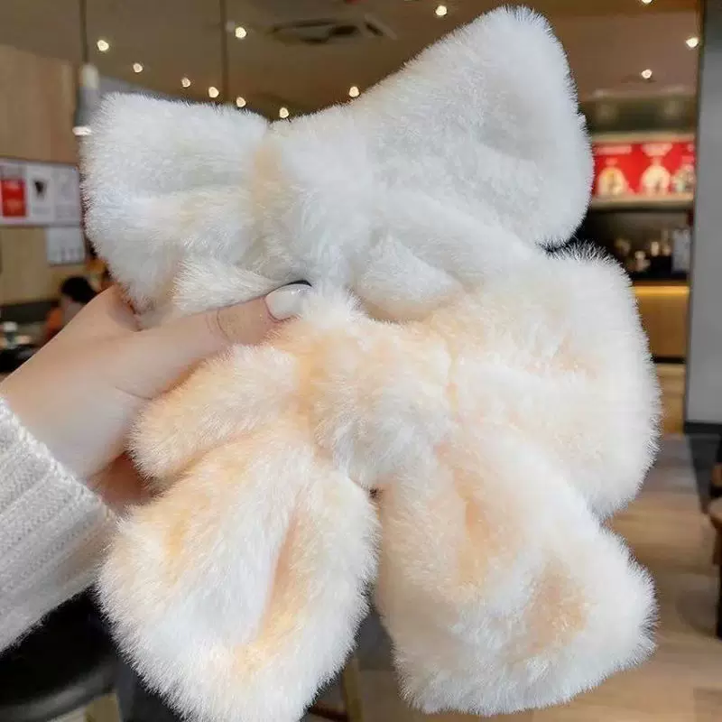 秋冬网红头饰毛茸茸夹子毛绒大蝴蝶结发夹白色后脑勺发卡毛毛发饰