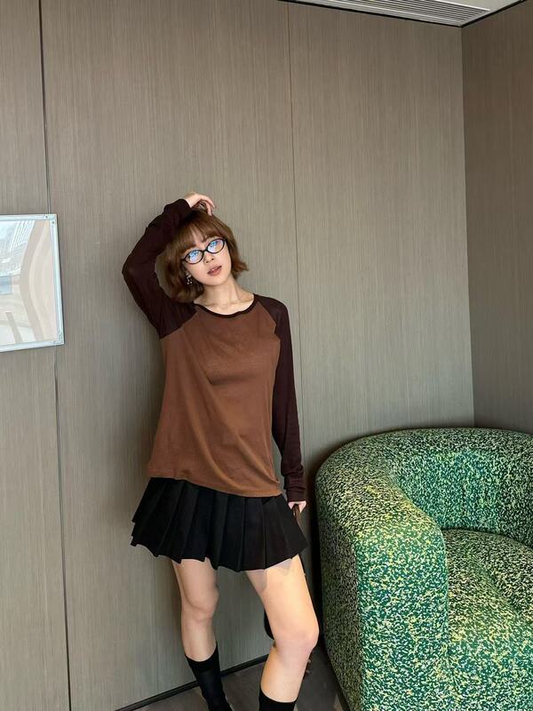 韩版m系穿搭字母贴标拼接长袖T恤女小众宽松叠搭圆领上衣|undefined