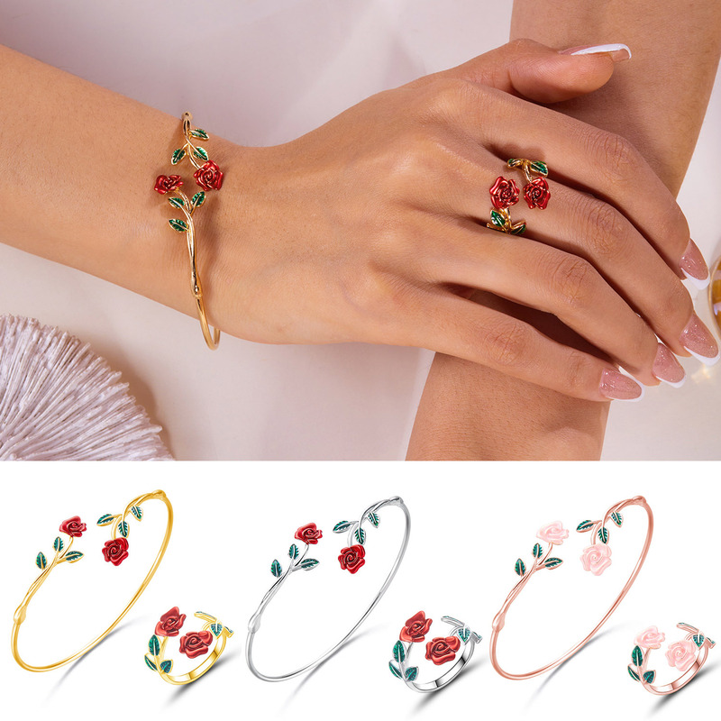 Cross-border New Hot Sale Alloy Drop Oil Rose Flower Opening Bracelet Ring suit Fashion Temperament High-end Ladies Cross-border New Hot Sale Alloy Drop Oil Rose Flower Opening Bracelet Ring suit Fashion Temperament High-end Ladies