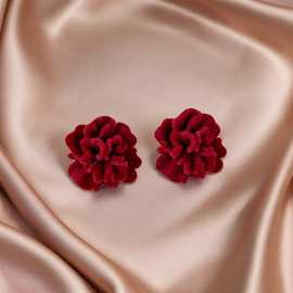 法式复古植绒酒红玫瑰花朵耳钉2025秋冬新款气质港风小众耳环耳饰