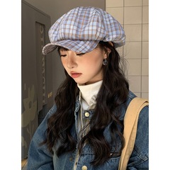 2025新款小众日系格子云朵帽子女甜美薄款显脸小文艺复古八角帽