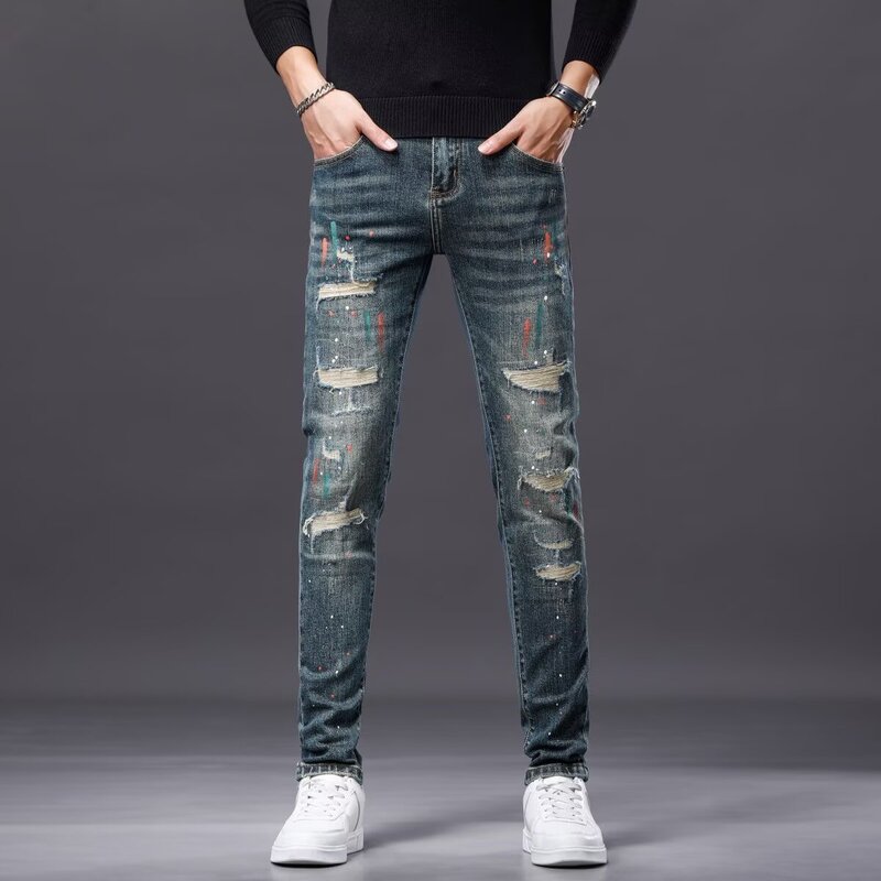 Autumn and Winter New Slim-Fit Men's Jeans, Retro Trendy Splatter Paint Ripped Stretch Skinny Pants, Fashionable Casual Long Pants