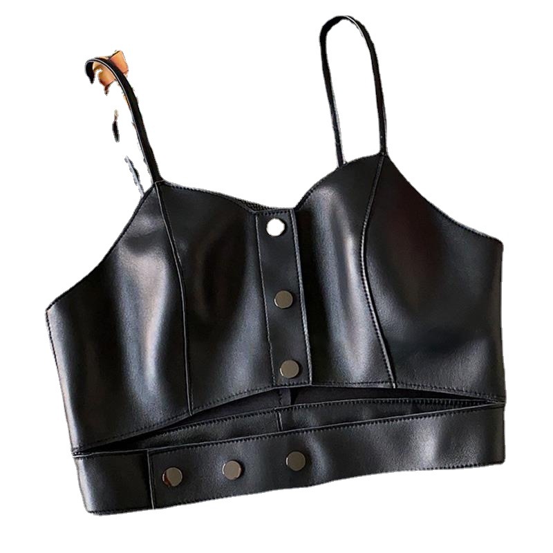 Las niñas de primavera y otoño nuevo retro pu cuero camisola niños de moda de una sola fila oculta hebilla de cuero Chaleco Corto Top moda