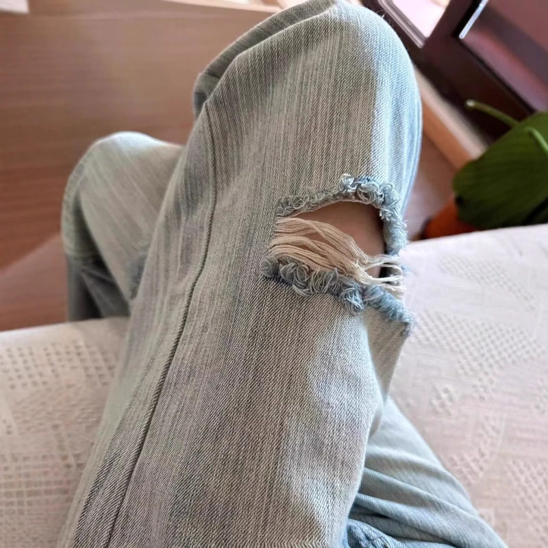 American Street Style Washed Distressed Ripped Jeans Men's Spring & Fall Straight Loose European and American High Street Vibe Style Long Pants