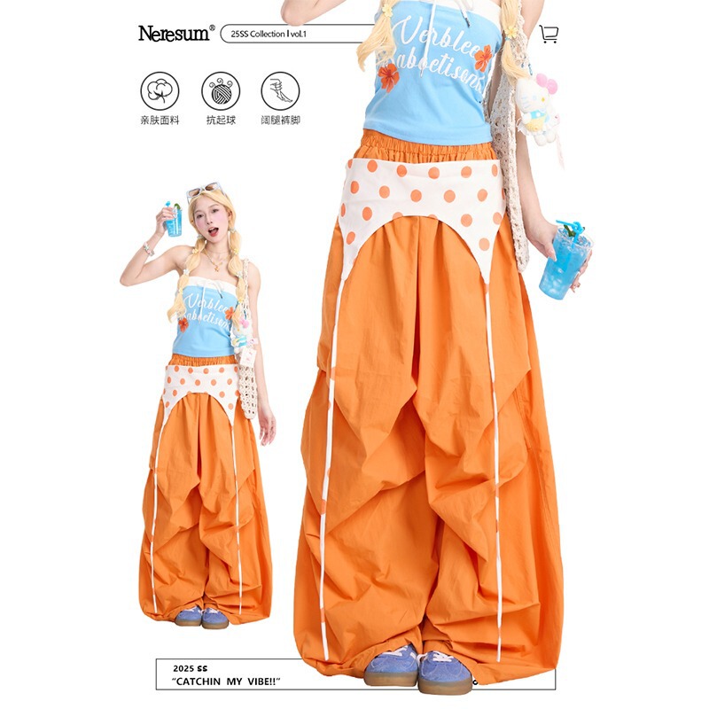 American Retro Orange Layered Loose Cargo Pants for Hot Girls, Versatile, Drapey, Comfortable and Casual Style