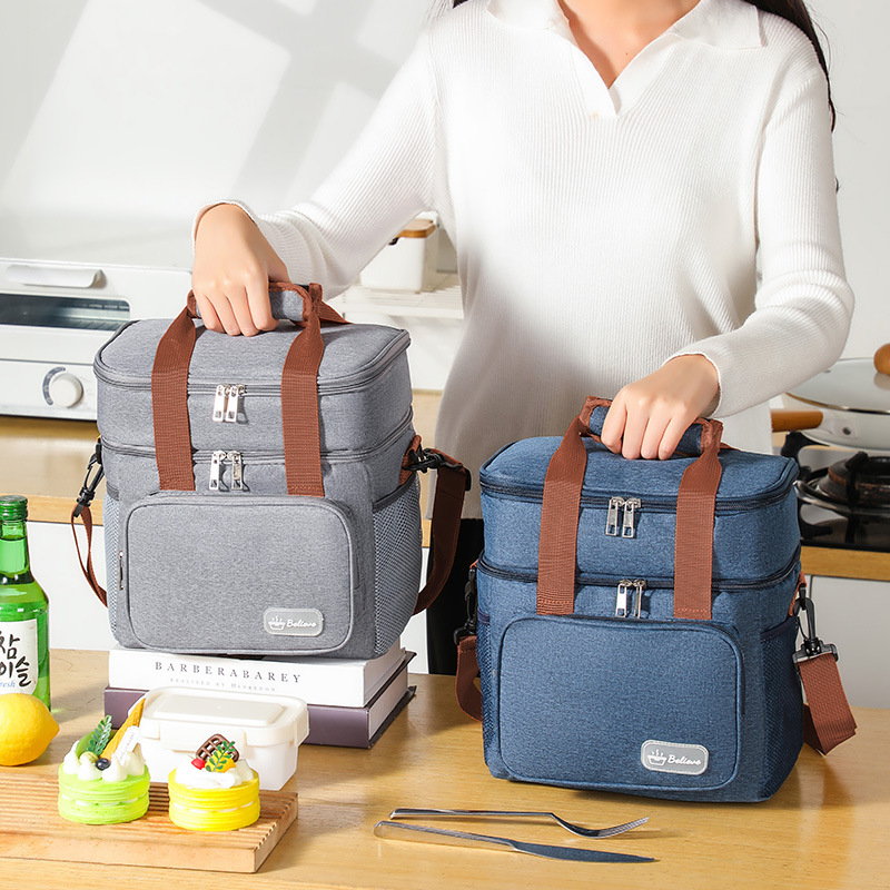 双层单肩斜跨保温便当包手提化妆洗漱包手拎野餐饭盒袋保鲜冰包