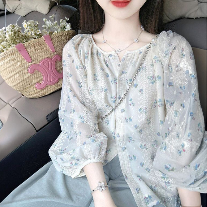法式甜美泡泡袖碎花雪纺衬衫女2024夏季新款温柔风蕾丝刺绣防晒衫