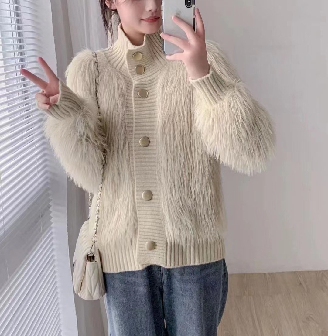 El otoño y el invierno nuevo estilo de imitación de visón de terciopelo collar de pie cardigan exterior de las mujeres de alto grado de temperamento flojo todo fósforo de punto abrigo de moda