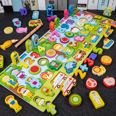 Wooden Character Shape Recognition Multi-functional Seven-in-One Animal Fruit Traffic Number Fishing Matching Board for Toddlers