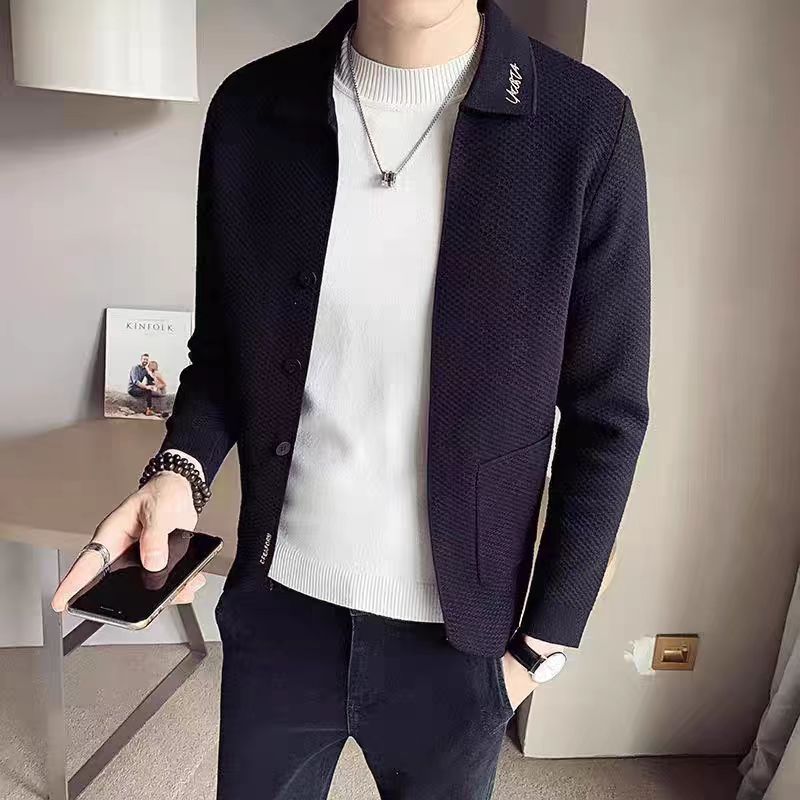 翻领针织衫外套男士春秋款潮流休闲百搭开衫毛衣时尚青年男装上衣|undefined