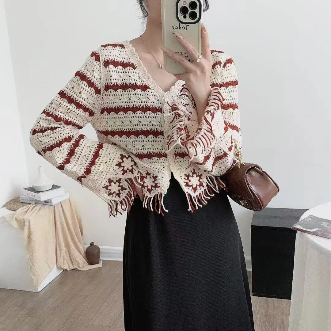2024 principios de otoño nuevo estilo contraste color hueco rayas borla suéter cardigan mujer delgada chaqueta de punto corto image 3