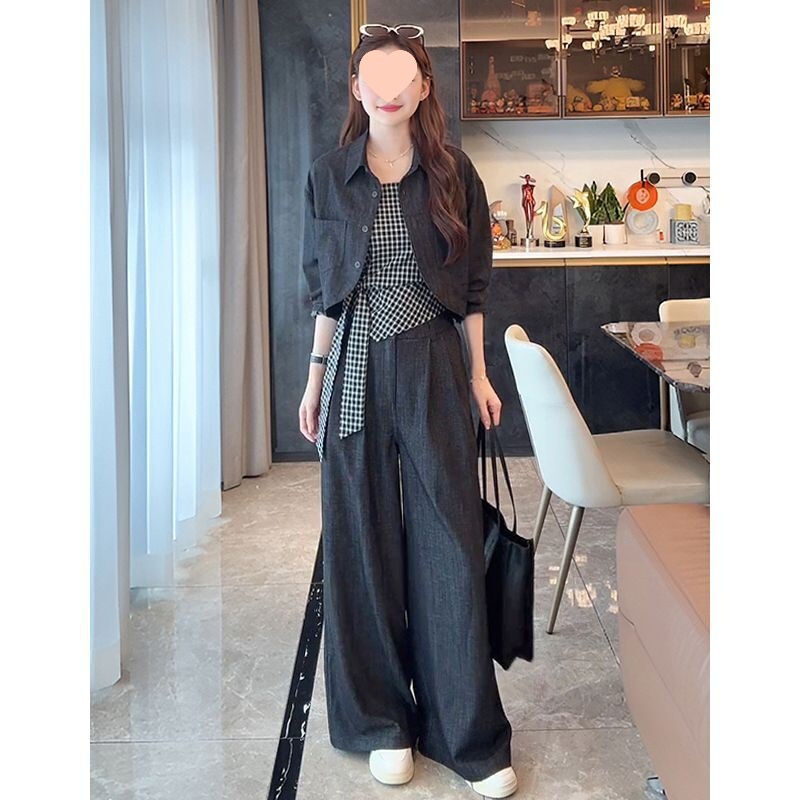 韩系超好看套装女2025新款收腰绑带格子背心牛仔短外套阔腿裤|undefined