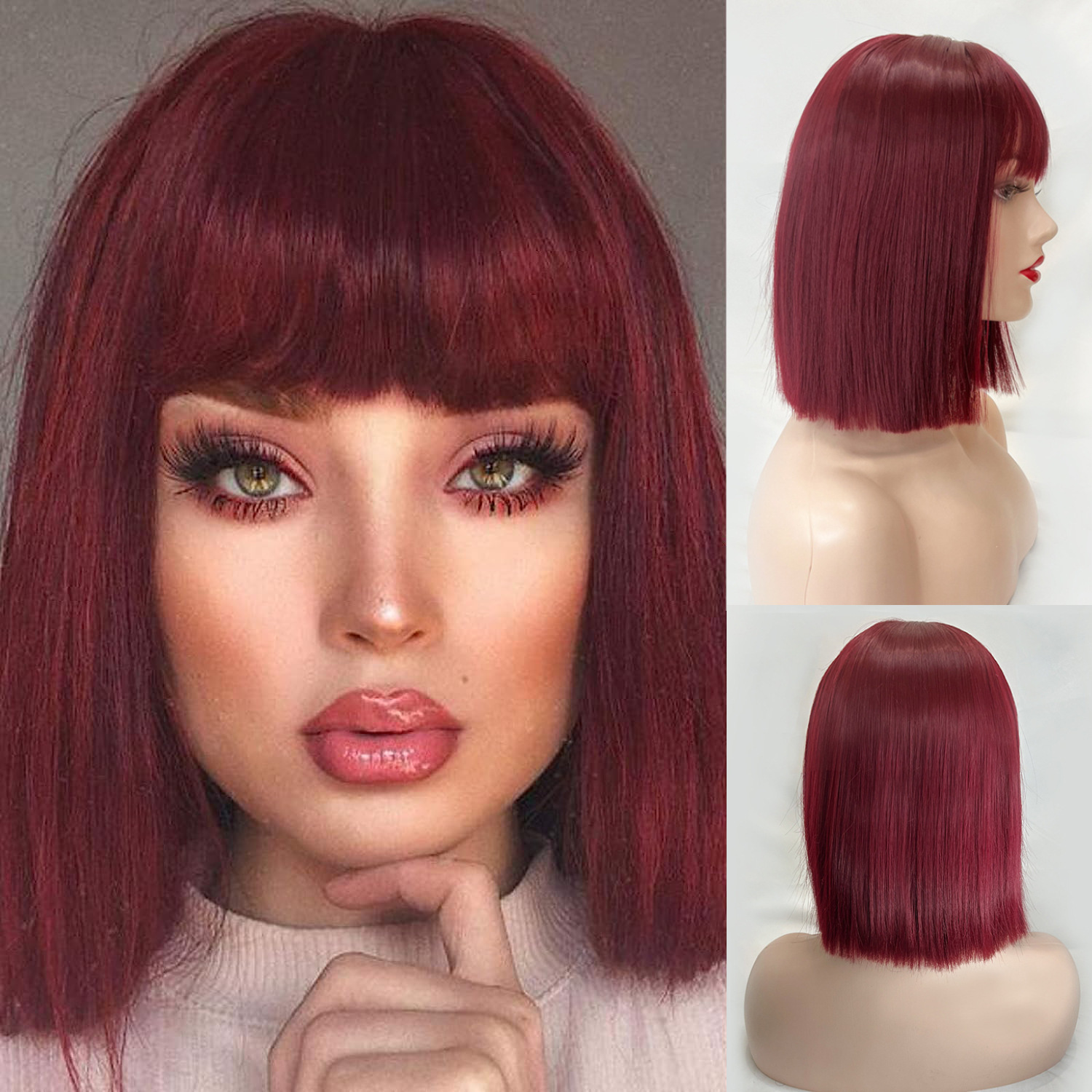 Europa y los Estados Unidos transfronterizos parejas pelucas de mujer vino rojo corto recto frente encaje mediano realista fibra química wig