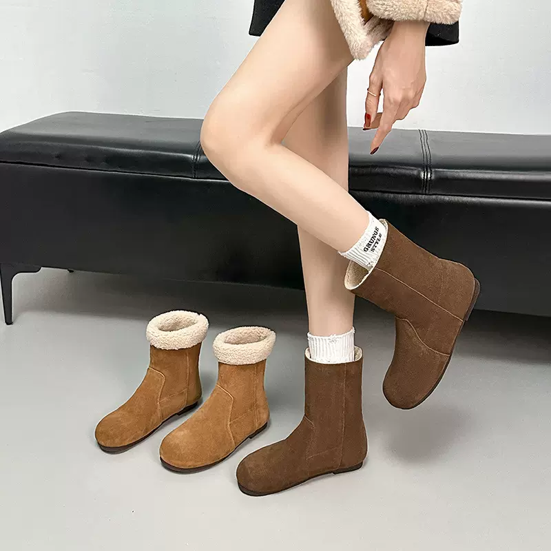 头层牛皮复古风平底短靴女磨砂绒面加厚保暖雪地靴中筒秋冬勃肯靴