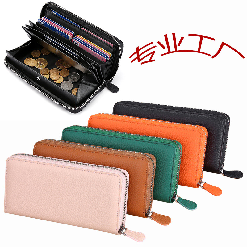 Gran patrón de cuero genuino de las mujeres largas billetera de moda embrague RFID antirrobo cepillo de piel de vaca titular de la tarjeta monedero