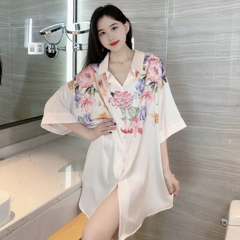 Tiktok-Style Pajamas, Ice Silk Thin Short-Sleeve Sexy Nightgown for Women, Silk Boyfriend-Style Over-The-Knee Long Home Wear Tiktok-Style Pajamas, Ice Silk Thin Short-Sleeve Sexy Nightgown for Women, Silk Boyfriend-Style Over-The-Knee Long Home Wear