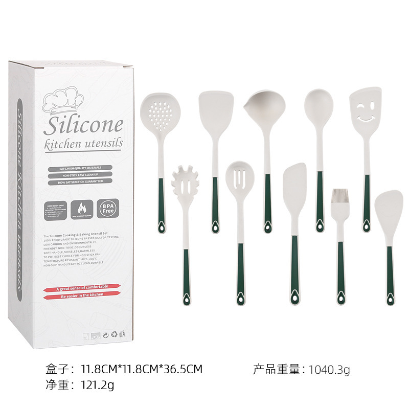 Fábrica spot de cocina de silicona 10 piezas PP mango caja de color empaquetado conjunto de cocina de silicona