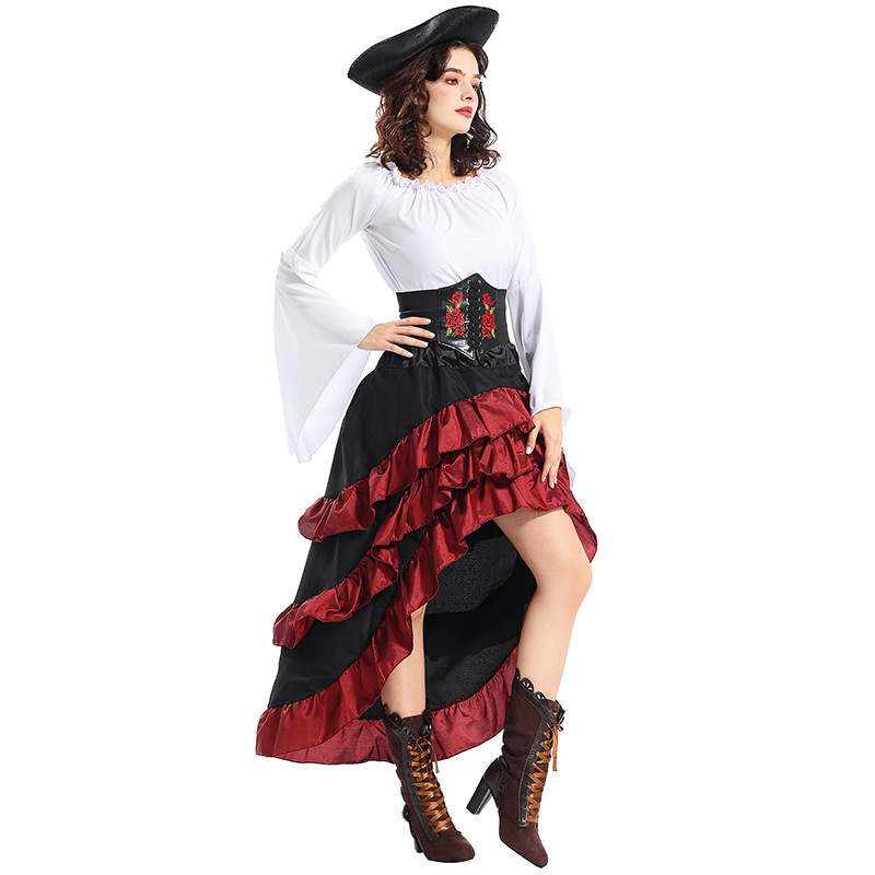 Halloween Costume Medieval Ocean-going Captain Pirate Queen Belted Lotus Leaf Long Dress Voyager cos Costume