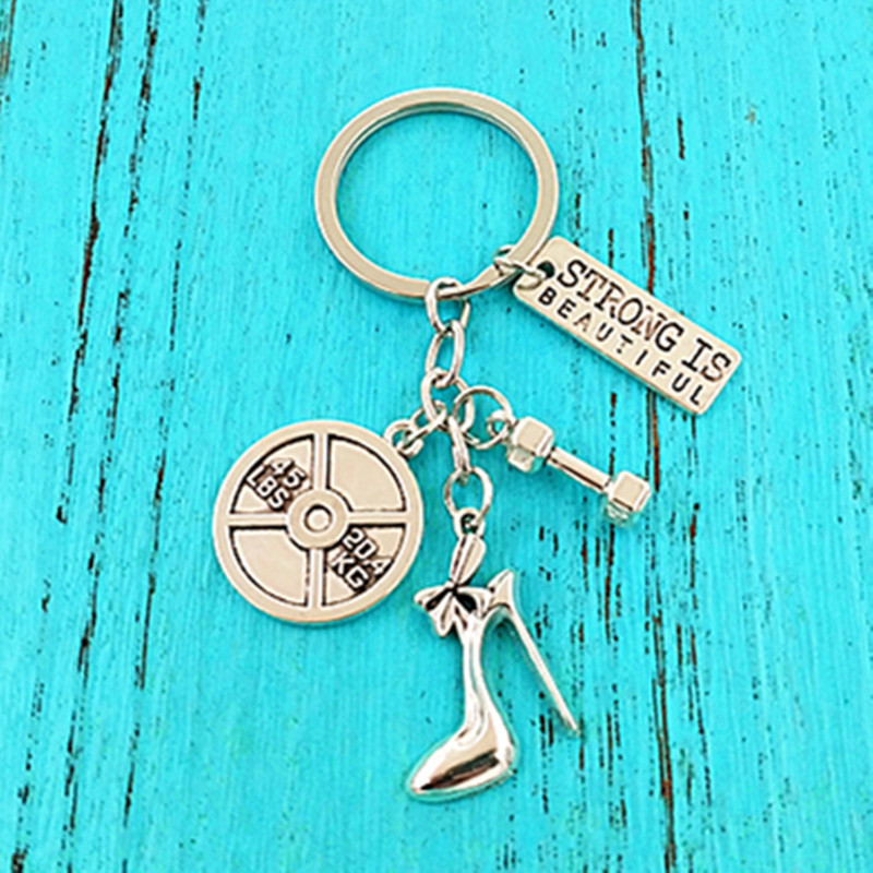 Amazon foreign trade zinc alloy fashion fitness dumbbell high heels inspirational pendant female fitness inspiration keychain