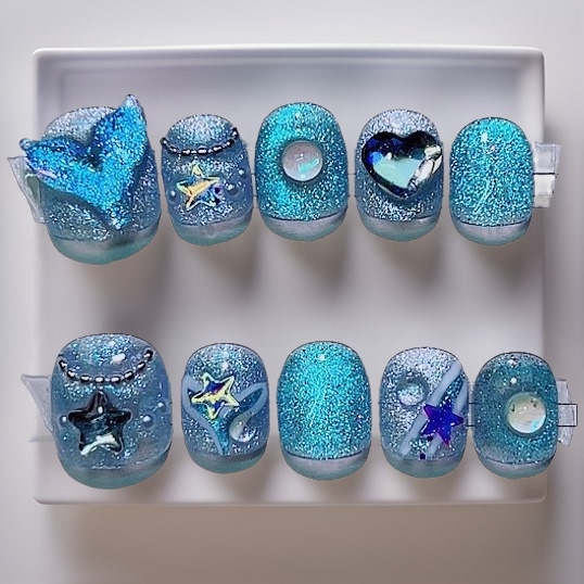 Children's Elsa Princess Full-Cover Mermaid Non-Toxic Fake Nails for Kids, Super Shiny and Cute