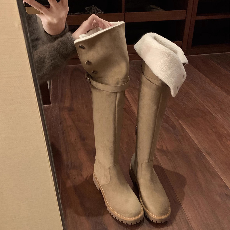 Mamá de uva Milan pictórica ~ botas cálidas de invierno botas sobre la rodilla punta redonda hebilla de cinturón a presión botas elásticas de tacón grueso botas largas