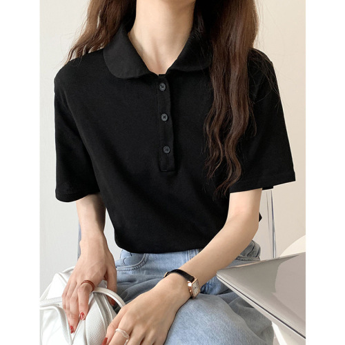 Gray Short-Sleeve Polo Shirt T-Shirt for Women, Summer, Square Collar, Design-Focused, Loose Fit, Slimming, Youthful, Thin