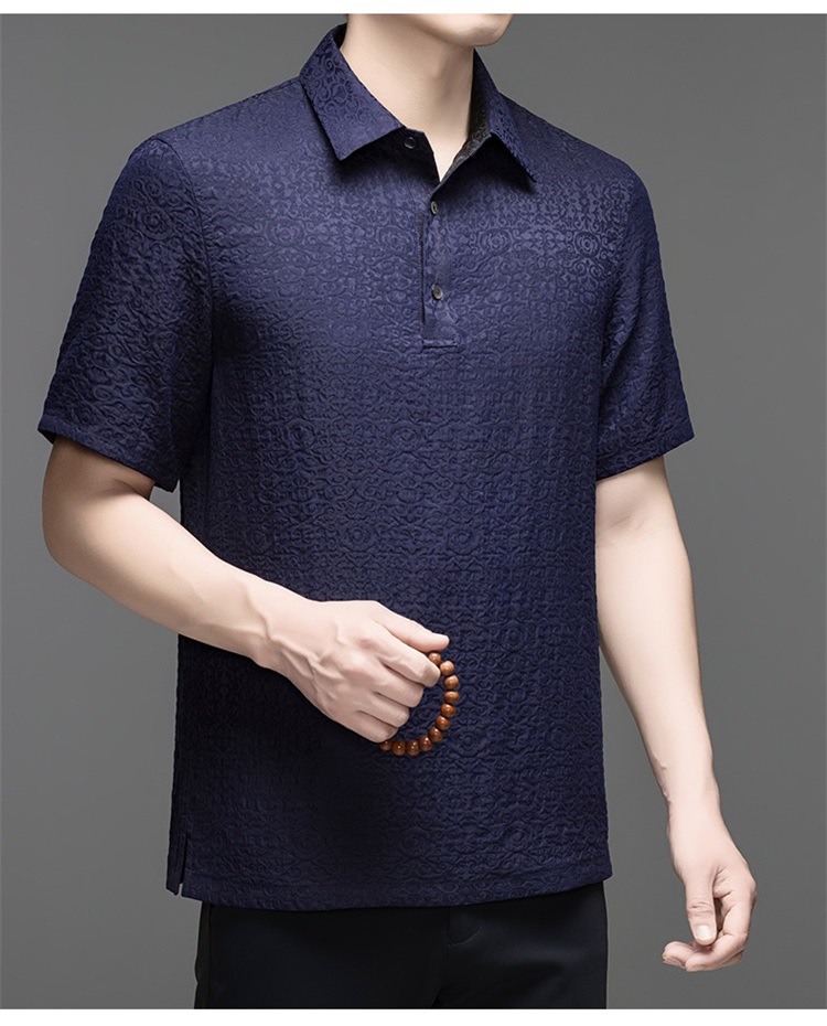 Áo polo nam tay ngắn chất tơ tằm mỏng nhẹ, form rộng thoải mái — Xanh da trời8883 chi tiết 11