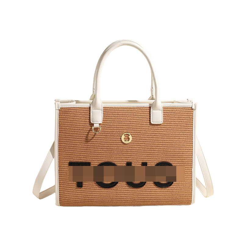 Bolsa de paja para mujer 2024 nuevo bolso tejido portátil de diseño de estilo occidental de gran capacidad, bolso cuadrado pequeño con letras de color en contraste personalizado