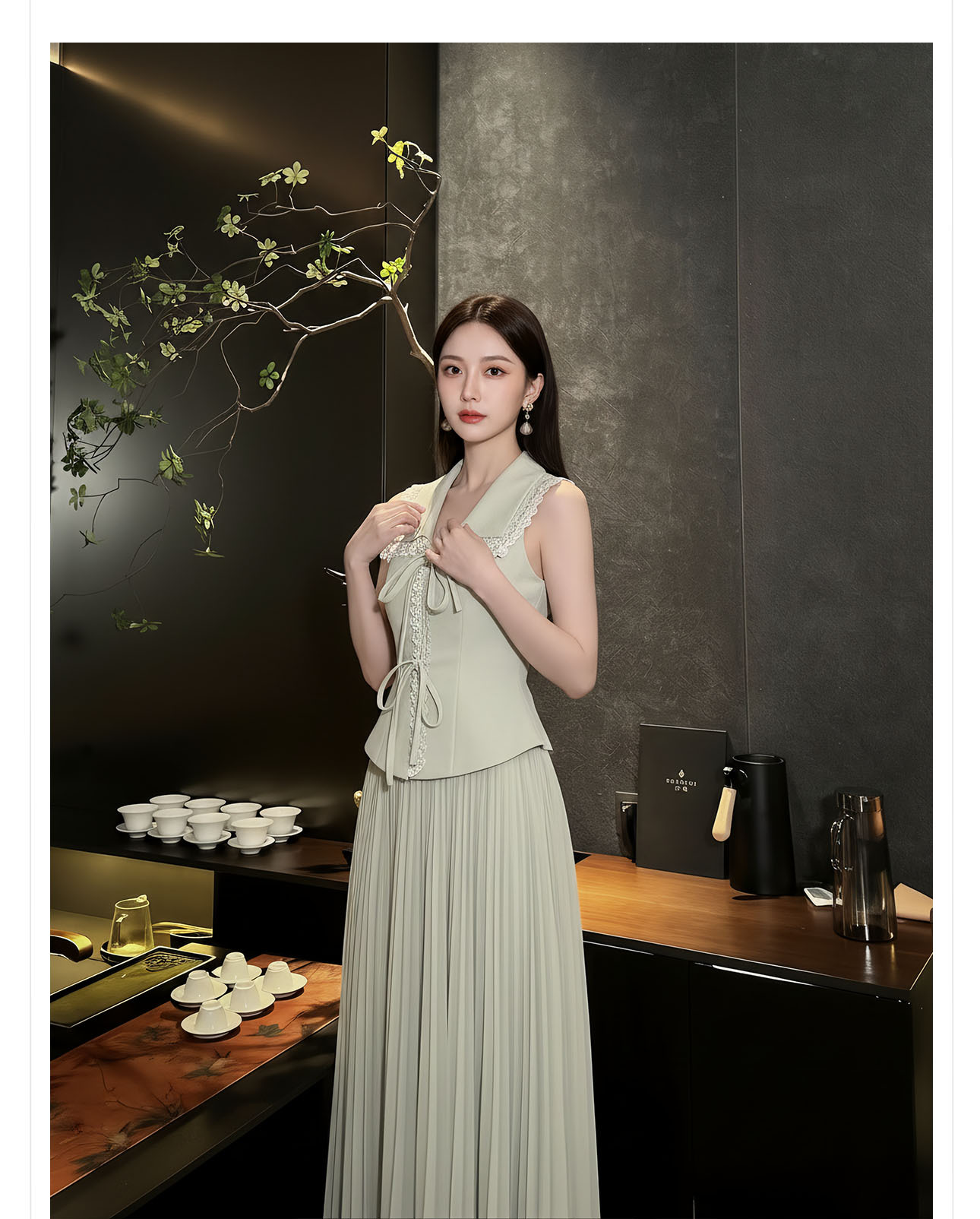 Set áo vest gile và chân váy ren phối ren thêu hoa, eo thon — bộ đồ, nửa váy, Trang chủ chi tiết 6