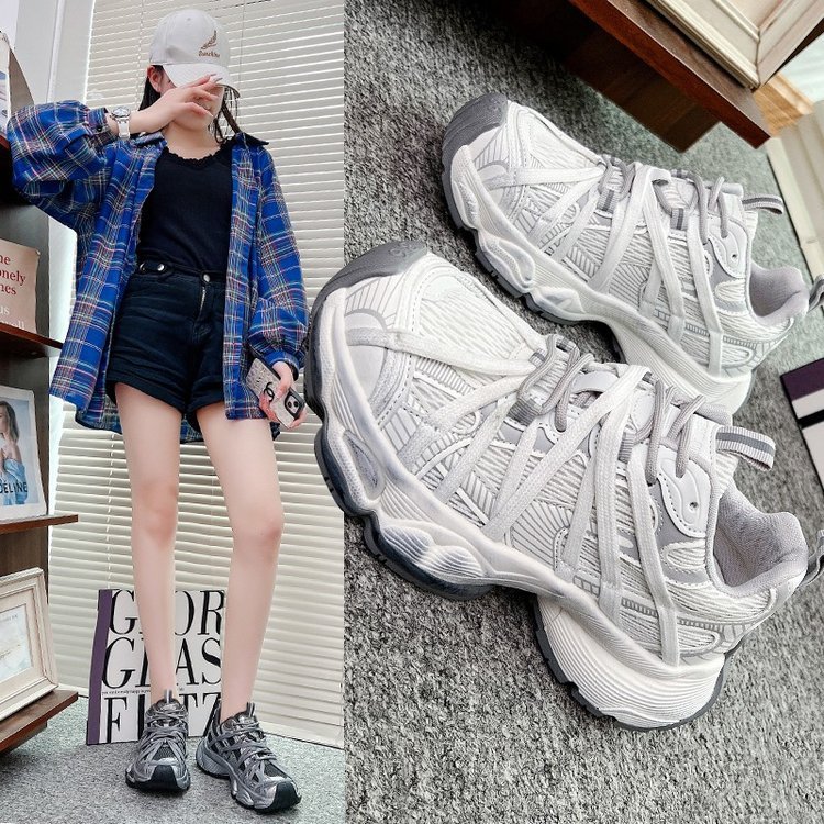 レトロなダメージ加工のダッドシューズ女性用 2025 春の新スタイルストラップメッシュ厚底カジュアルスポーツシューズトレンディ|undefined