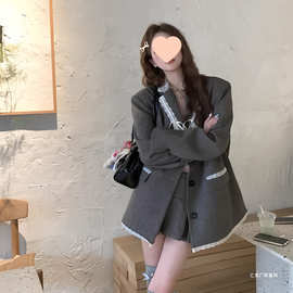复古蝴蝶结拼接西装外套女小众气质新款大衣松弛感穿搭西服潮8403