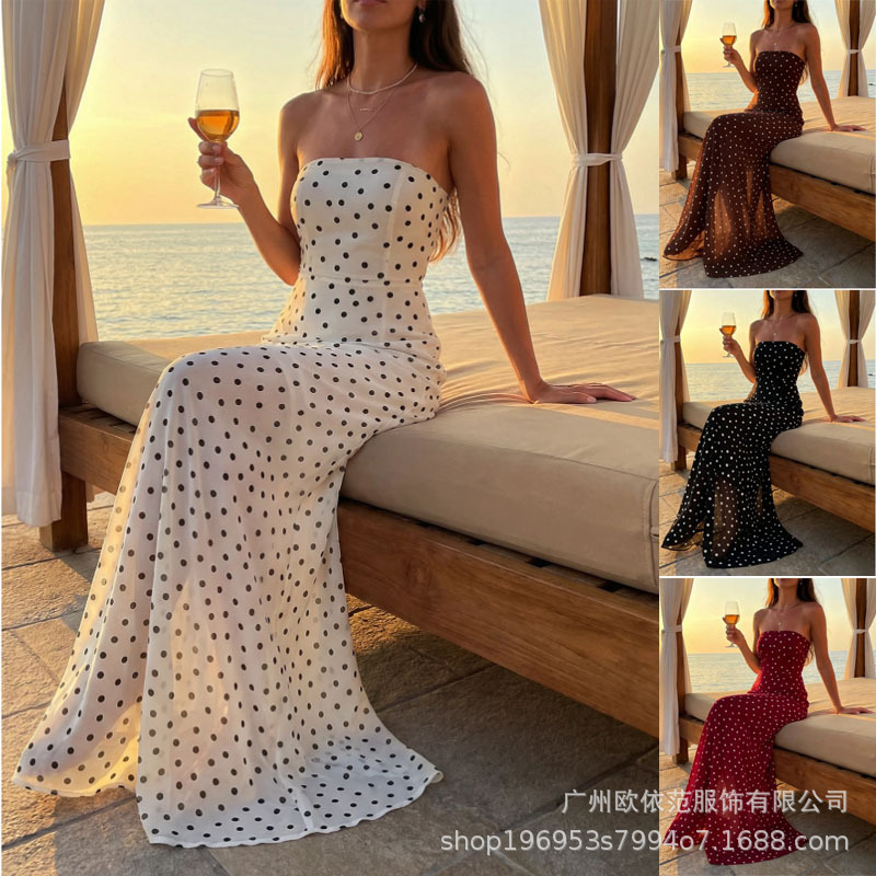 2026 Trendy Polka Dot Print Strapless Dress, Mature Style, Waist-Cinching, Slimming, Beach Vacation, Long Flared Dress for Women
