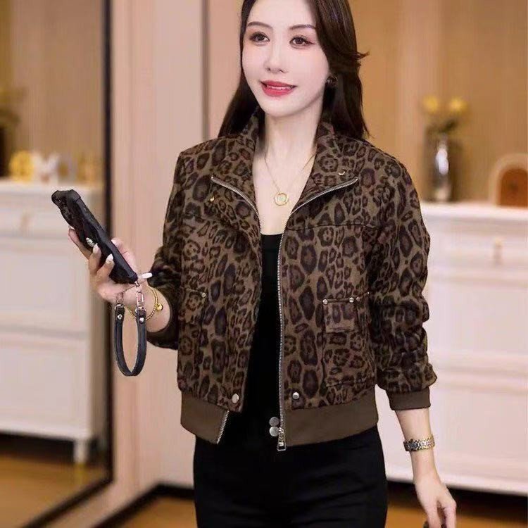 一件代发2025秋季新款时尚宽松豹纹拉链立领长袖女装外套上衣女|undefined