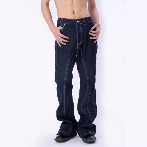 Korean INS High-Rise, Niche Design Car-Line High-Waist Denim Jeans for Men – Loose-Fit, Straight-Leg Long Pants in Solid Color, Retro Style