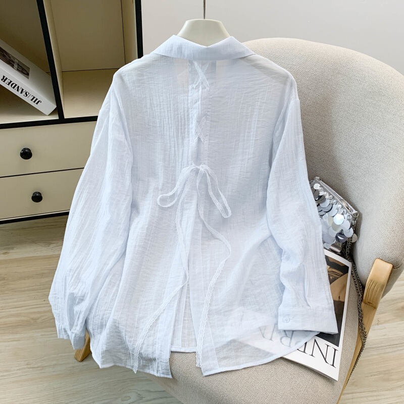 Real Shot of the New Summer Style Thin Breathable Fashionable Versatile Loose Cross-Tie Long-Sleeve Sun Protection Shirt for Women