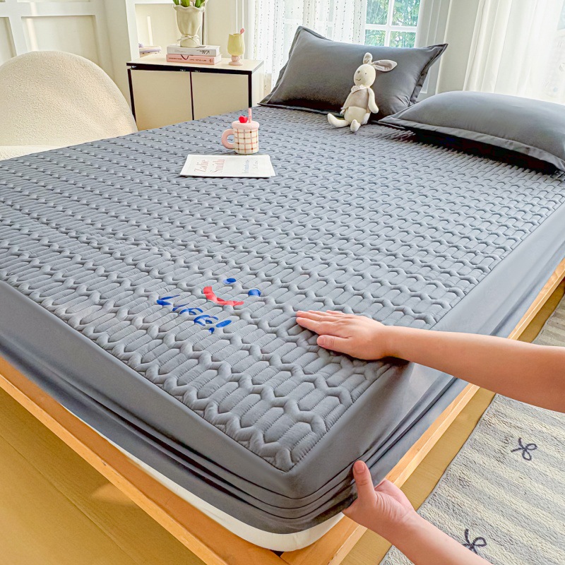 Washed Cotton Non-Slip Quilted All-Inclusive Fitted Sheet Thick Skin-Friendly Bed Cover Dust Cover Single Piece Pure Color Simmons Protective Cover