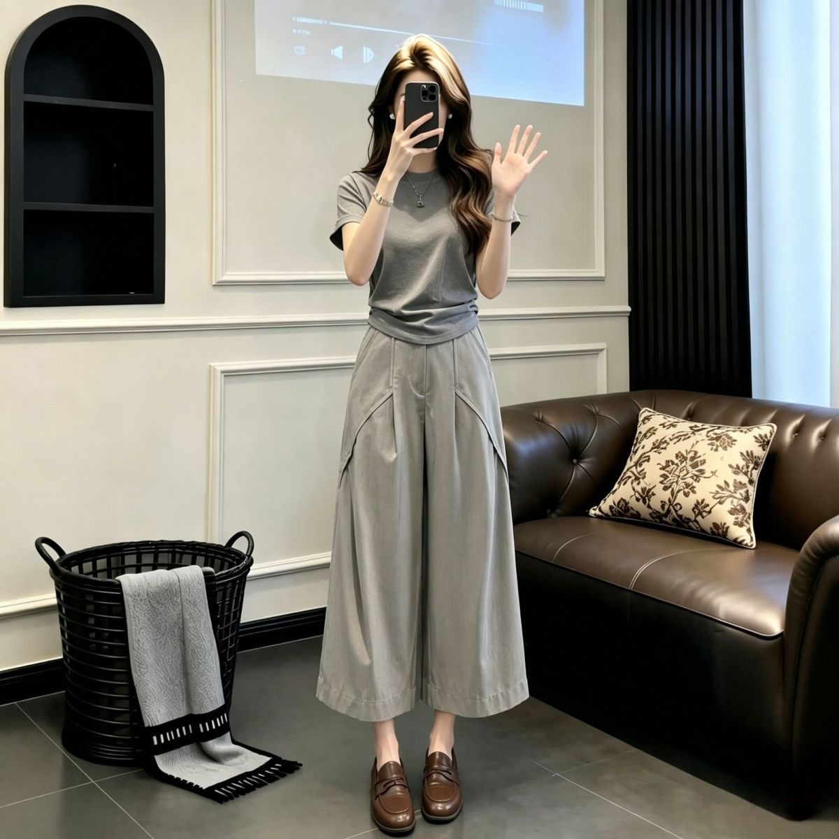 现货欧洲站极简风套装女2026夏新款修身显瘦短袖阔腿裤两件套#952