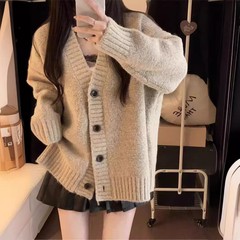 Vネックニットカーディガン韓国版純色セーター女性春秋冬新作怠惰な風の柔らかいモチモチとしたゆったりしたコート上着