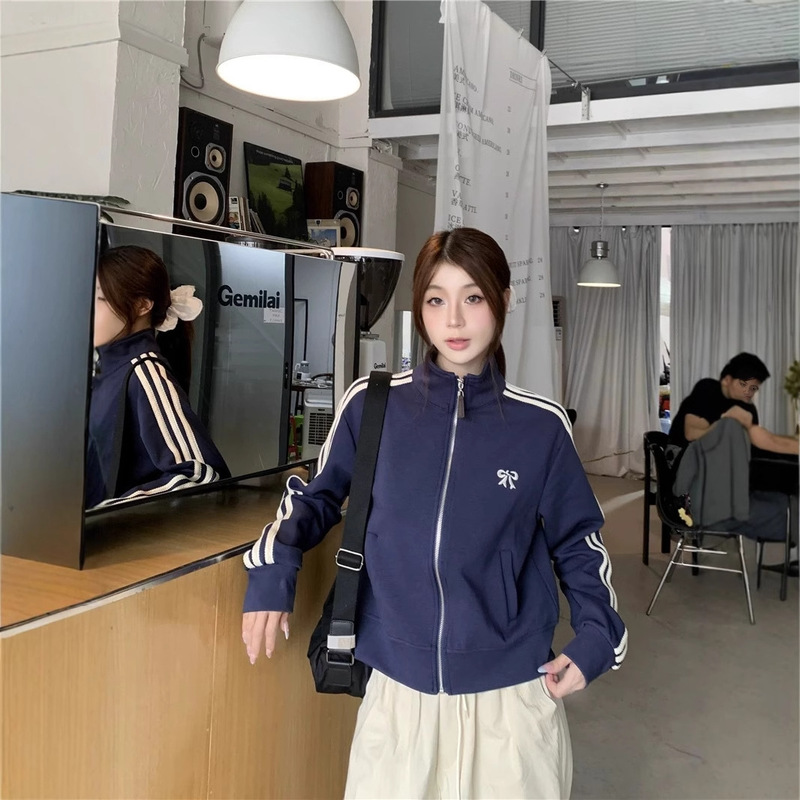 Korean-style Grey Striped Sweater Coat Women's Autumn Bow Loose Zipper Cardigan Short Casual Sports Top Korean-style Grey Striped Sweater Coat Women's Autumn Bow Loose Zipper Cardigan Short Casual Sports Top