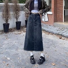 香港風デニムスカート女性夏新作ヒップスカート中ロング丈ハイウエスト着痩せファッションa字スカート