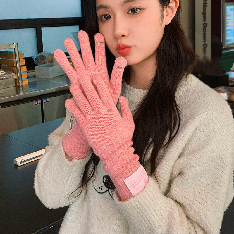 韓国版の女性用暖かい手袋、秋と冬のアウトドアサイクリング、拡張された防風性と耐寒性、タッチスクリーンのセパレートフィンガーウールニット手袋|undefined