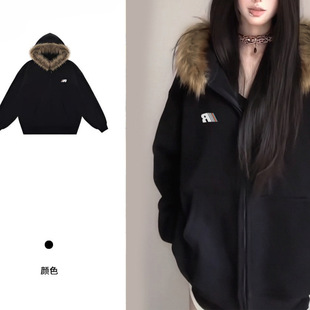 Winter Coat Women's fleece-lined Thickened Fur Collar Hooded Cardigan Sweater Korean Style All-match Warm Cotton-padded Jacket