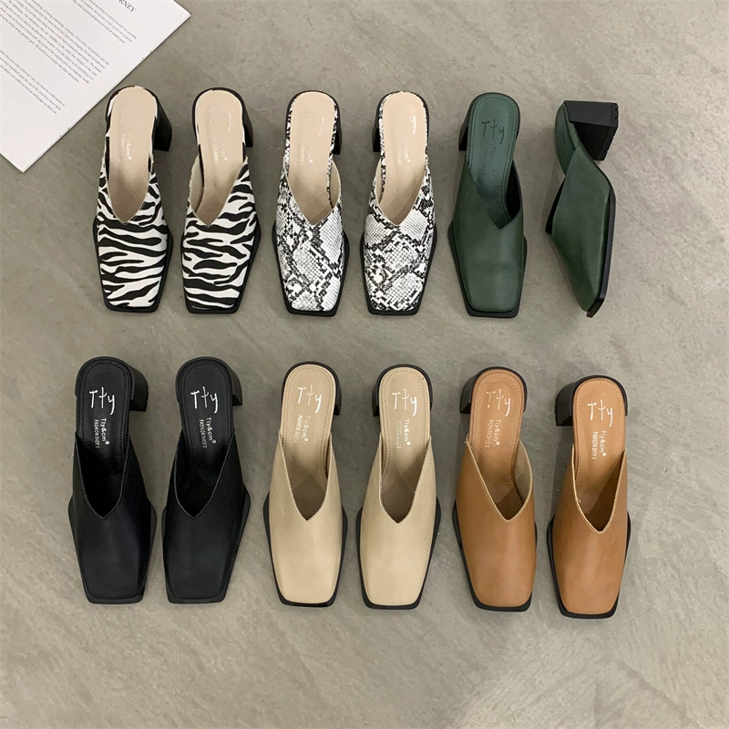 Женские полусапожки на высоком каблуке, универсальные, весна 2025, новый корейский стиль, ленивые туфли-мюли с квадратным носком, маленькие кожаные туфли