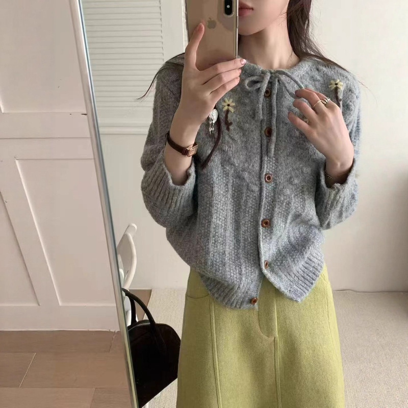 精致手工立体绣花单排扣针织毛衣开衫女秋季新款糯叽叽系带小外套|undefined