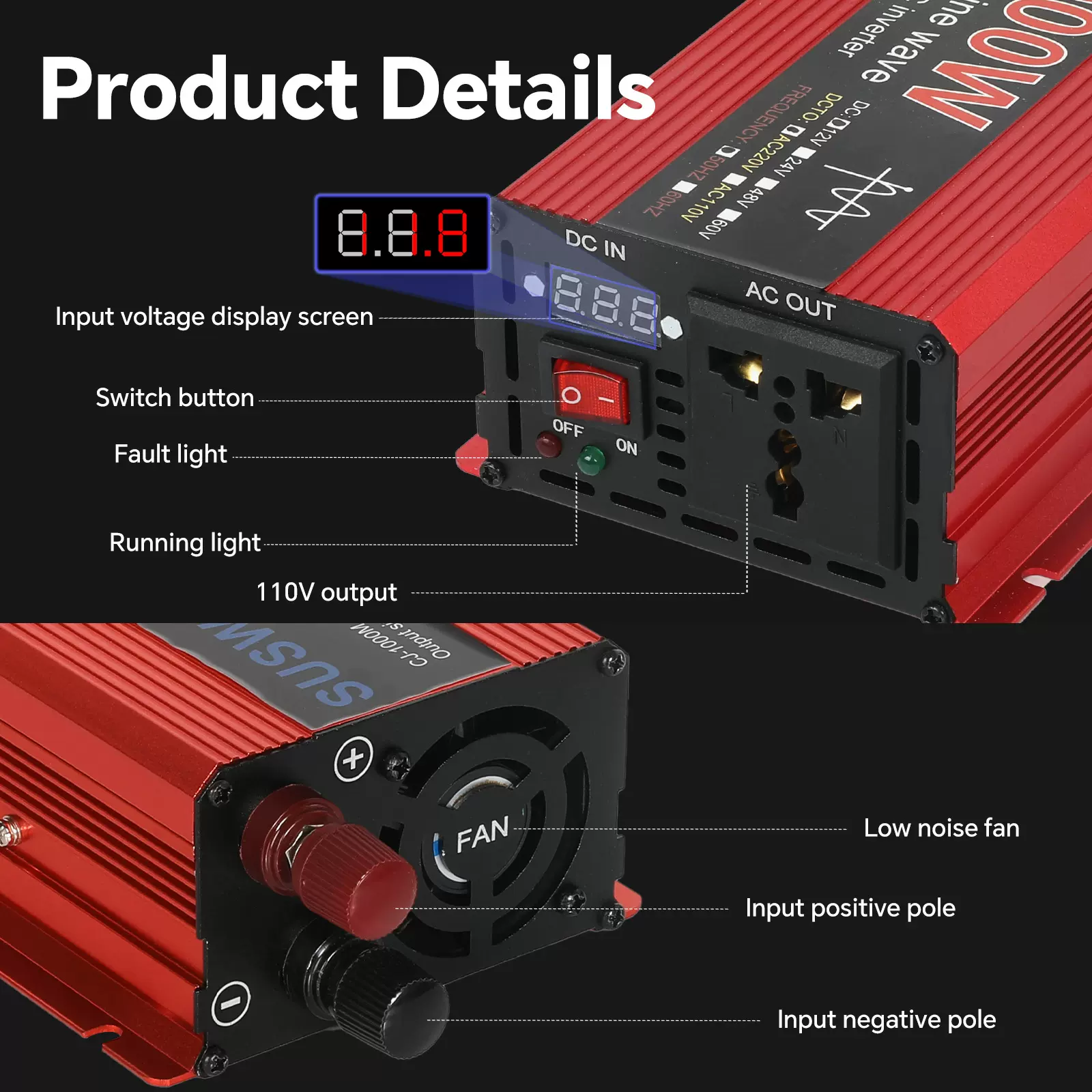 外贸车载逆变器110v纯正弦波出口24v转110v太阳能家用电源转换器